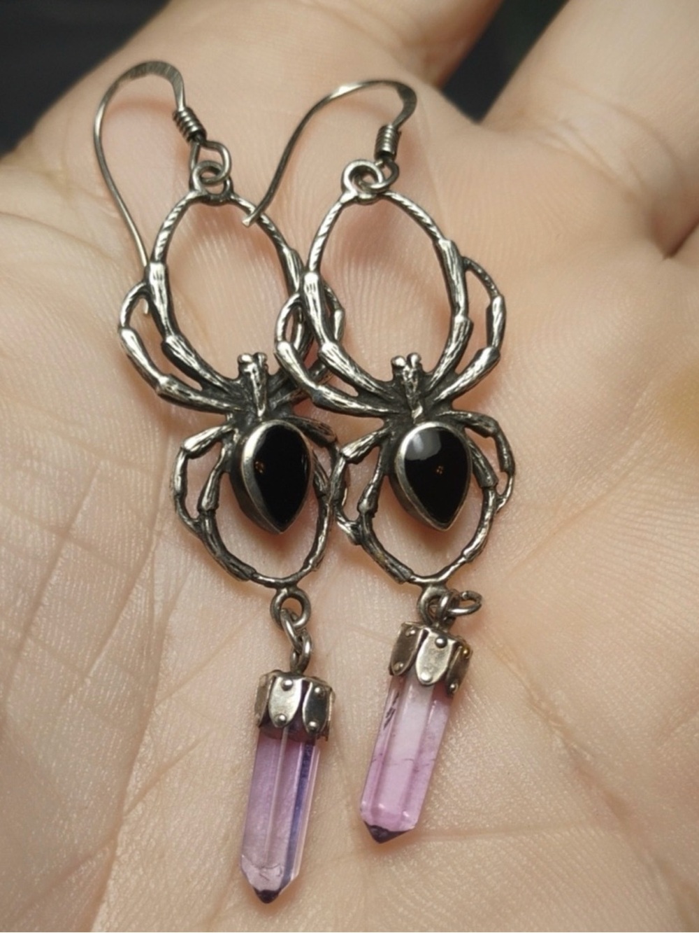 Sterling Silver 925 Onyx & Amethyst 2” Drop Spider Earrings Handcrafted - Picture 2 of 5